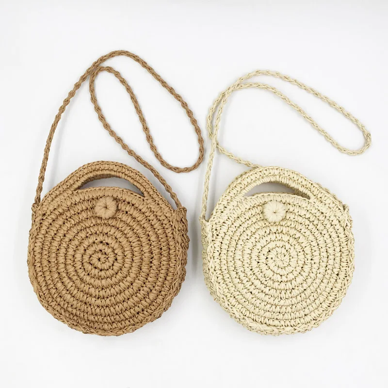 REREKAXI Handmade Rattan Woven Round Lady's Handbag Straw Knit Summer Beach Bag Woman Shoulder Messenger Bag Khaki Beige Tote 11