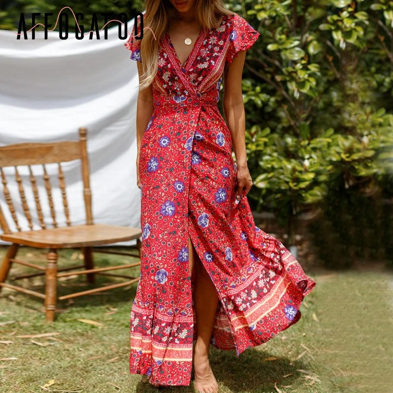 Affogatoo Vintage floral print summer dress Ruffle split sash sexy long Bohemian women holiday beach vestidos | Женская одежда