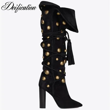 New Black Suede Winter Boots Women Metal Studded Motorcycle Boots Fashion Cross-Tied botas mujer invierno Tassel High Heel Boots
New Black Suede Winter Boots Women Metal Studded Motorcycle Boots Fashion Cross-Tied botas mujer invierno Tassel High Heel Boots