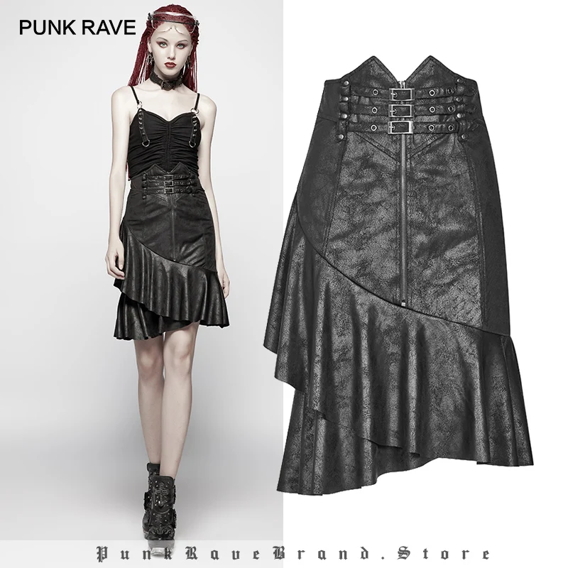 PUNK RAVE New Punk High Waist Stretch Half Skirt Gothic Black Asymmetrical Ruffled Hem Skirts Use Elastic Knitted Crack Fabric
PUNK RAVE New Punk High Waist Stretch Half Skirt Gothic Black Asymmetrical Ruffled Hem Skirts Use Elastic Knitted Crack Fabric