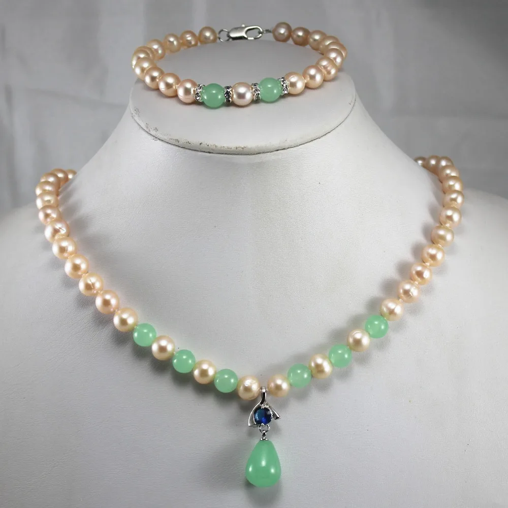 

anniversary! Wholesale Women's yellow pearl mixed green jade pendant Necklace bracelet jewelry set #255 5.31