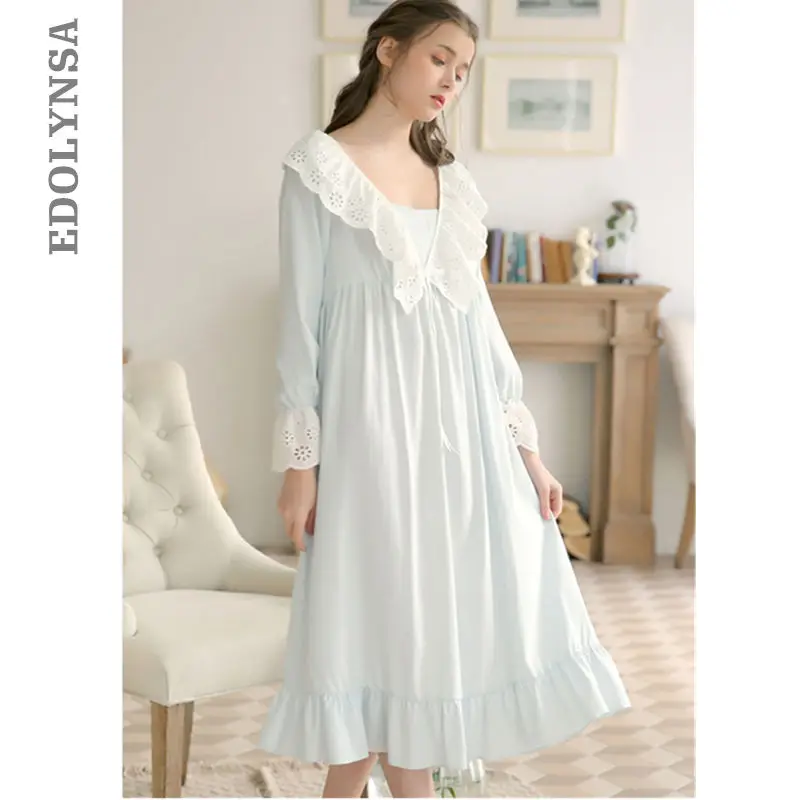 2019 Spring Sleepwear Women Night Wear Home Dress Vintage Nightgown Long Sleeve Nightwear Shawl Collar Blue Cute Nightdress T415
2019 Spring Sleepwear Women Night Wear Home Dress Vintage Nightgown Long Sleeve Nightwear Shawl Collar Blue Cute Nightdress T415