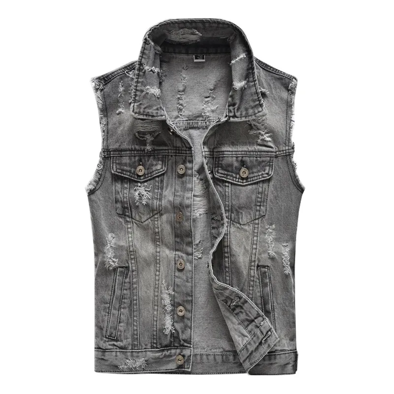 

MORUANCLE Men Hi Street Destroyed Denim Vests With Holes Ripped Sleeveless Jean Jacket Male Distressed Waistcoat Plus Size M-5XL