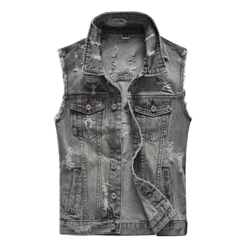 

MORUANCLE Men Hi Street Destroyed Denim Vests With Holes Ripped Sleeveless Jean Jacket Male Distressed Waistcoat Plus Size M-5XL