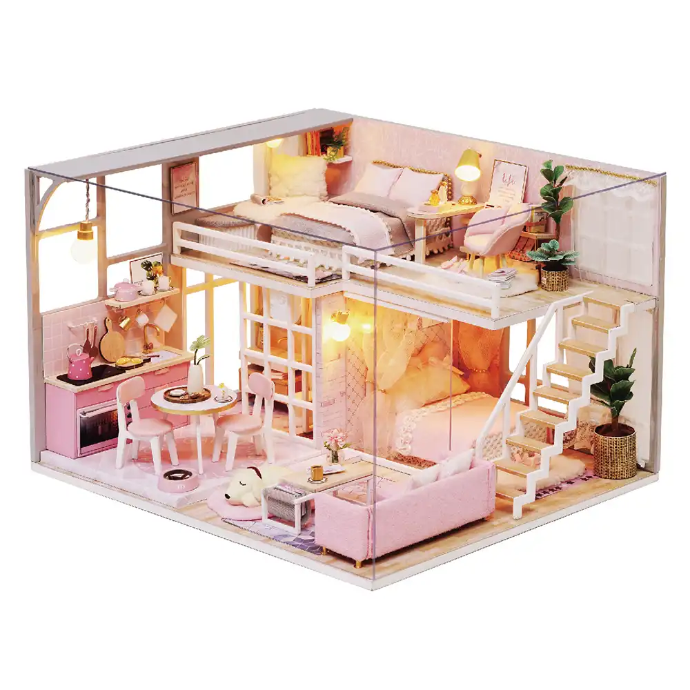 doll house furniture wooden miniature diy kit with dust cover