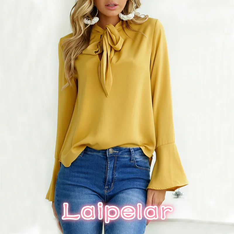 Fashion Women Tops Long Sleeve Bow flare sleeve Lady Basic Tee blusas Solid Color Tops 4 colors Laipelar
Fashion Women Tops Long Sleeve Bow flare sleeve Lady Basic Tee blusas Solid Color Tops 4 colors Laipelar