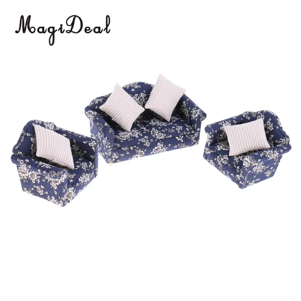 7 Pieces Wooden Floral Sofa Cushions Kit for 1/12 Scale Dolls House Miniature Furniture Decoration Kids Child Pretend Play Toys
