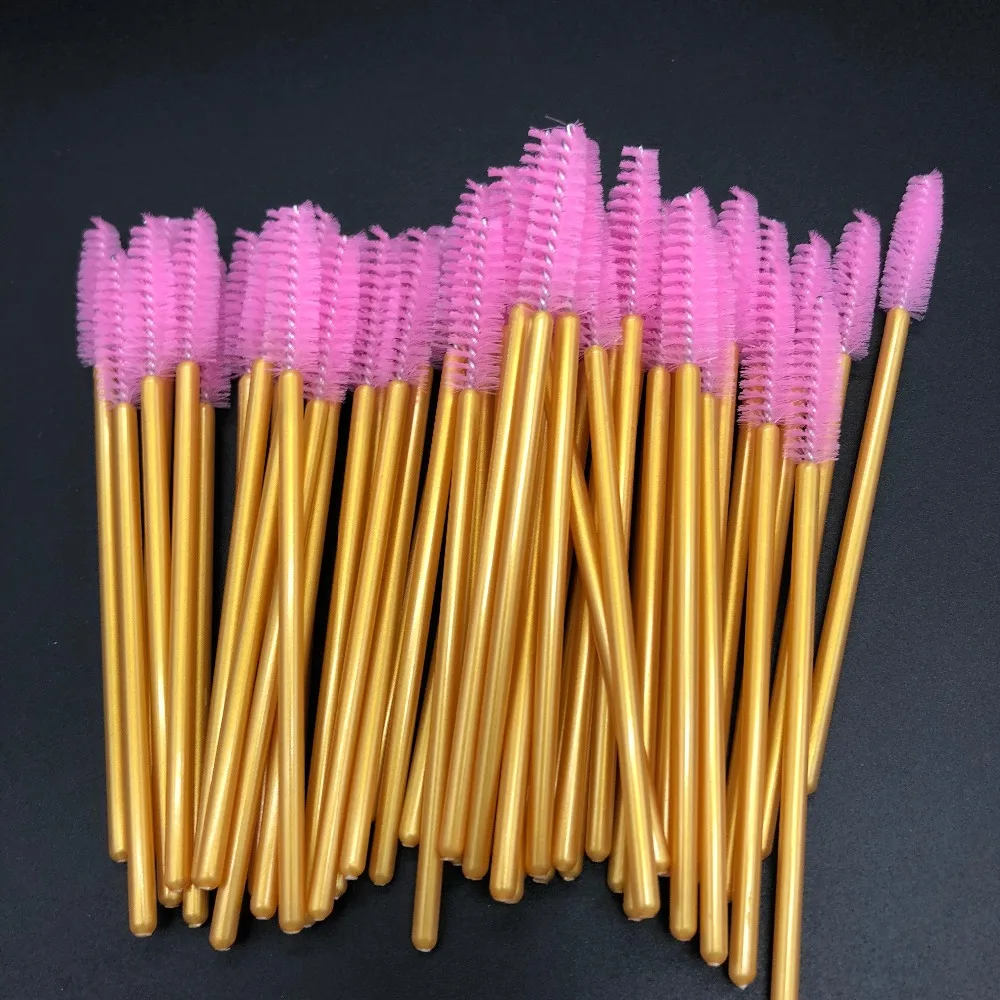 Розовые кисти для ресниц с золотыми ручками одноразовые нейлоновые макияжа