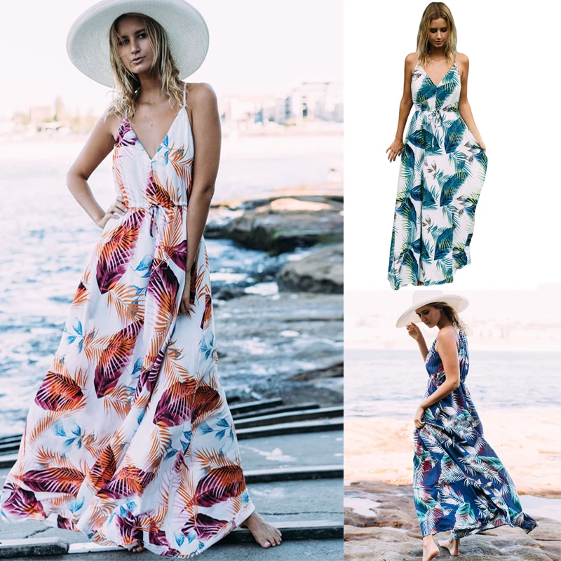 leaf printed spaghetti strap maxi dress