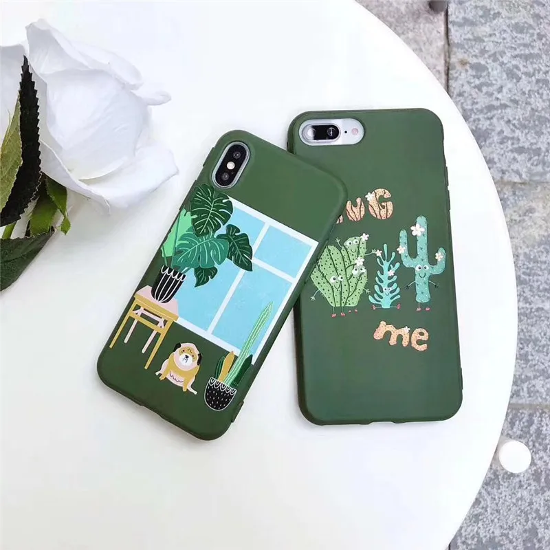 LUDI Cute Cartoon Dog Cactus Phone Case for iPhone 7 7Plus Simple Letters Green Leaves Soft Phone Bags for iPhone X 6 6S 8 Plus 09