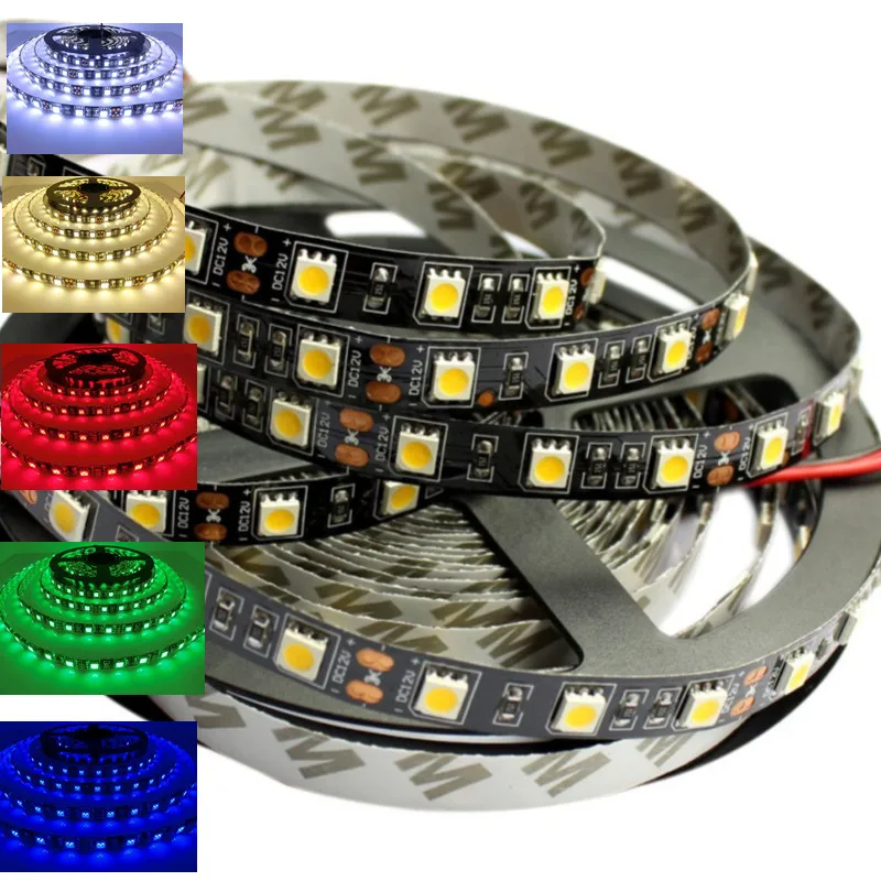 

5050 LED Strip DC12V 60Led/M Black PCB Board 5M/Roll 300LEDS Non-Waterproof Led Flexible light Flexible Strip