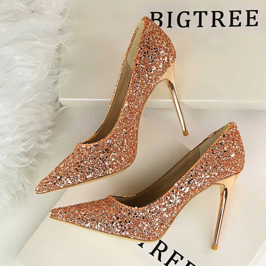 

Womens Glitter Sequins High Heels Closed Pointy Toe Stiletto Evening Party Pumps Shoes