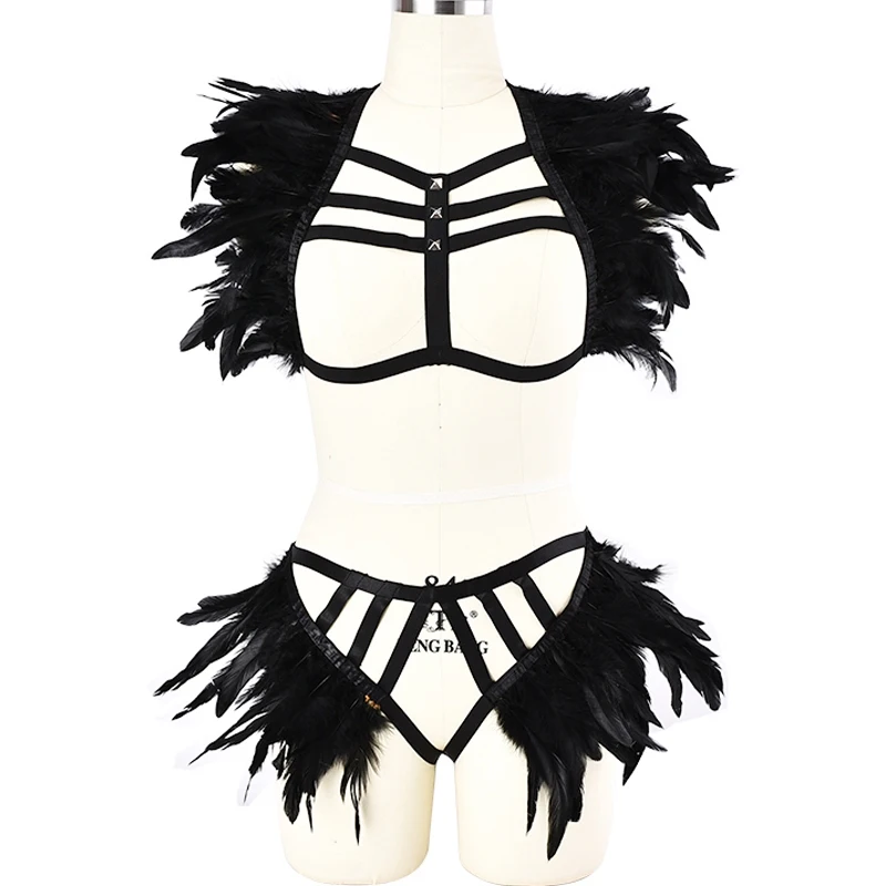 Halloween Goth Feather Body Harness Set Black Top Harness Epaulettes Feather Cage Bra+Feather Pantie G-string Thongs
Halloween Goth Feather Body Harness Set Black Top Harness Epaulettes Feather Cage Bra+Feather Pantie G-string Thongs