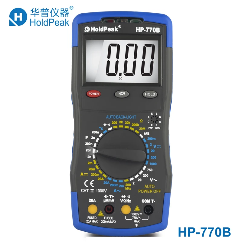 Multimetr HoldPeak HP-770B Digital Multimeter Meter with NCV Feature and Frequency/Dide/hFE Test
Multimetr HoldPeak HP-770B Digital Multimeter Meter with NCV Feature and Frequency/Dide/hFE Test