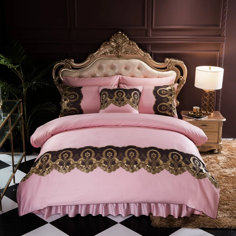 Luxury Pink Green Gray 100% Egyptian Cotton Comfortable Bedding Set Gold Lace Duvet Cover Bed Sheet Bed Skirt Pillowcase 4pcs 
Luxury Pink Green Gray 100% Egyptian Cotton Comfortable Bedding Set Gold Lace Duvet Cover Bed Sheet Bed Skirt Pillowcase 4pcs