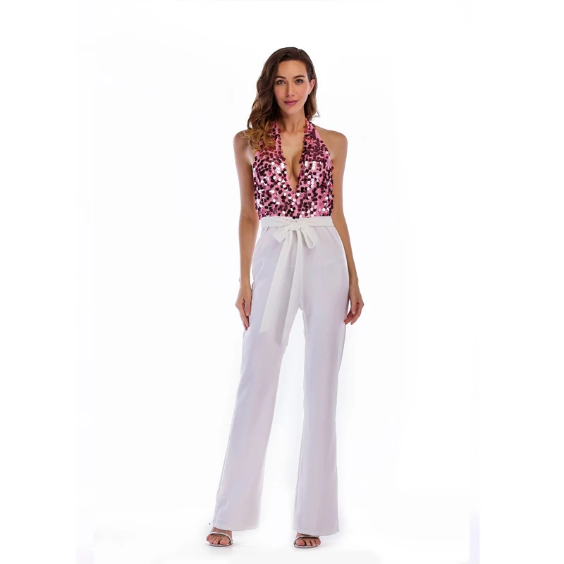Sexy Sequin Glitter Halter Backless Jumpsuit Summer Women Trousers White Simple Overall Night Club Fall Loose Straight Pants
Sexy Sequin Glitter Halter Backless Jumpsuit Summer Women Trousers White Simple Overall Night Club Fall Loose Straight Pants