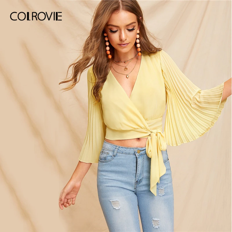 COLROVIE Yellow V Neck Pleated Bell Sleeve Wrap Blouse Shirt Women Crop Top 2019 Summer Korean Style Holiday Wear Ladies Shirts
COLROVIE Yellow V Neck Pleated Bell Sleeve Wrap Blouse Shirt Women Crop Top 2019 Summer Korean Style Holiday Wear Ladies Shirts