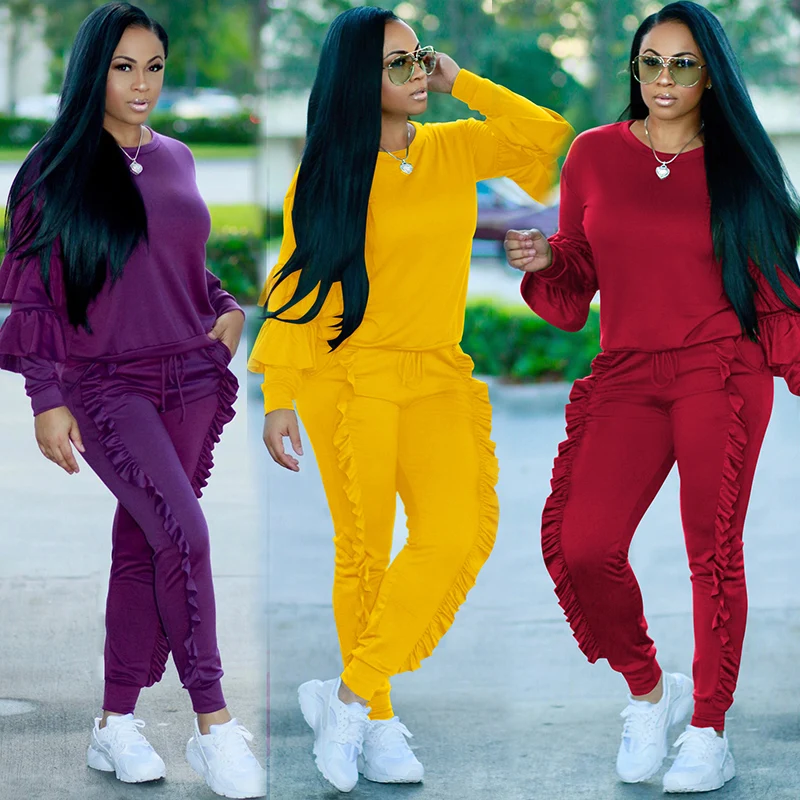 

Female TWO PIECE SET Ruffles Lantern Sleeve Jogger Pants Track Suit Twinset Winter Outfits Women Clothing Runway Ensemble Femme