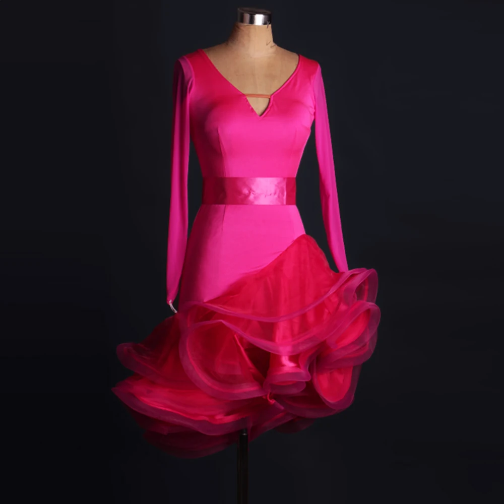 Female Latin Dance Dress With Belt Rose V-Neck Long Sleeve Backless Ruffle Skirt Rumba Tango Samba Cha Cha Salsa Dance Clothing
Female Latin Dance Dress With Belt Rose V-Neck Long Sleeve Backless Ruffle Skirt Rumba Tango Samba Cha Cha Salsa Dance Clothing