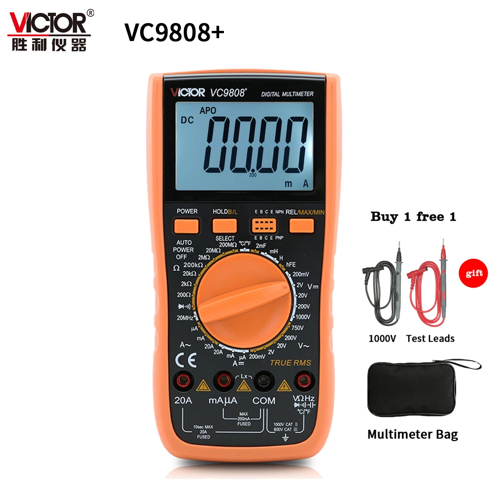 

VICTOR VC9808+ 3 1/2 True RMS Digital Multimeter 1000V 20A Protable Meter Ammeter Voltmeter Inductance Frequency Tester DC AC