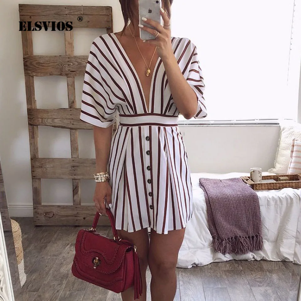 ELSVIOS Sexy Deep V Neck Backless Striped Summer Dress Women Button Batwing Sleeve Party Beach Dresses Casual Lace Up Mini Dress
ELSVIOS Sexy Deep V Neck Backless Striped Summer Dress Women Button Batwing Sleeve Party Beach Dresses Casual Lace Up Mini Dress