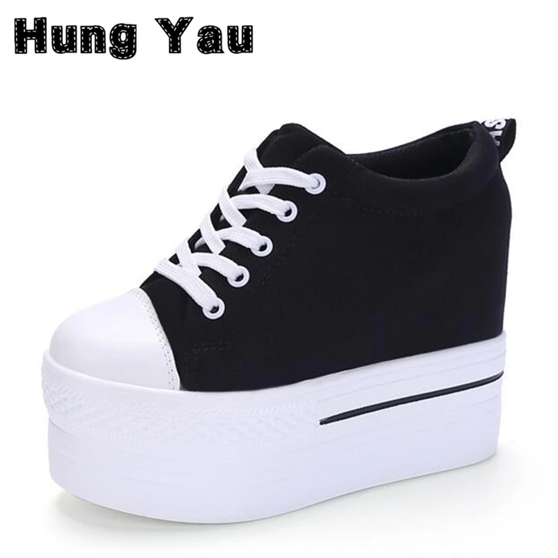 Image Wedges Canvas Shoes Woman Platform Vulcanized Shoes Hidden Heel Height Increasing Casual Shoes female chaussure femme Size US 8