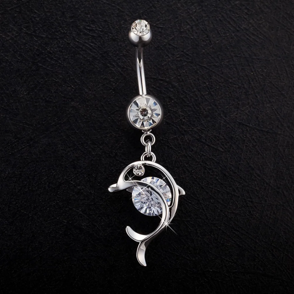 

silver dolphin shape zircon crystal Surgical Steel Belly Button Rings Sexy Dangle Navel Piercing Rings Rhinestone Body Jewelry