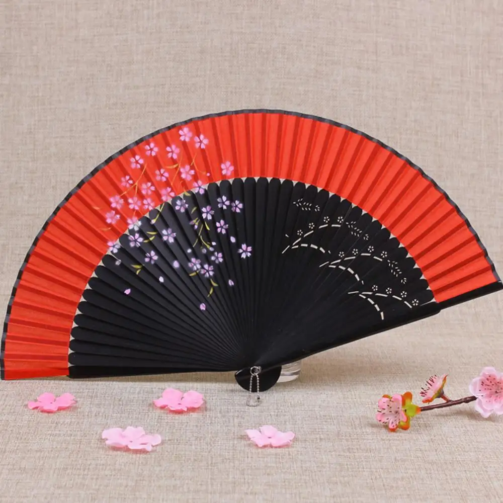 

Vintage Folding Fan Silk Cloth Sakura Printed Japanese Style Home Decoration Bamboo Spun Fan Culture Collection Party Supplies