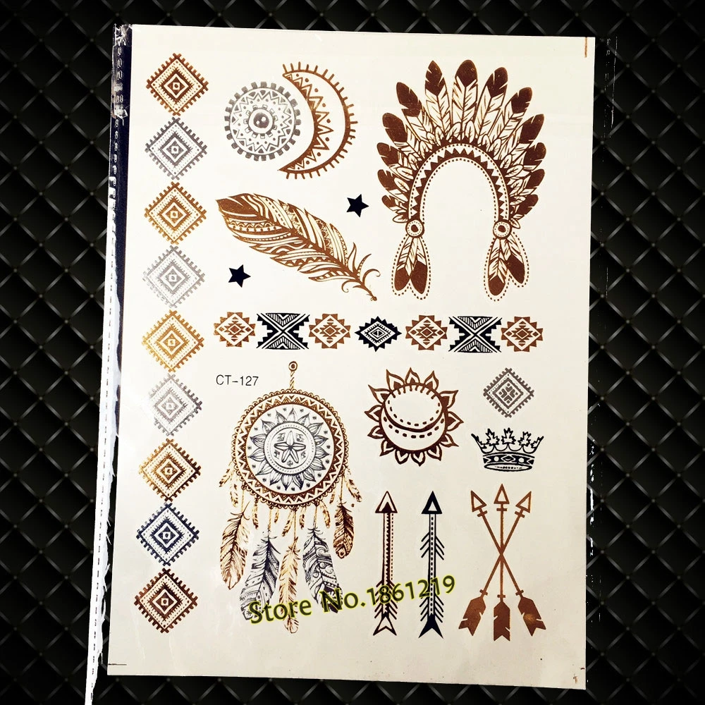 

25 Styles Gold Flash Indian Feather Crown Tattoo Waterproof Metallic Dreamcatcher Arrow Body Art Fake Temporary Tattoo Stickers