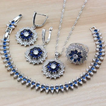 Bridal Women Wedding Costume Silver Color Jewelry Sets With Natural Stones CZ Blue Earrings/Necklace /Bracelet/Ring Sets 
Bridal Women Wedding Costume Silver Color Jewelry Sets With Natural Stones CZ Blue Earrings/Necklace /Bracelet/Ring Sets