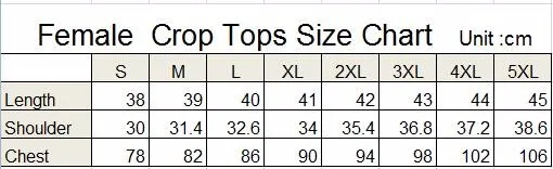 crop tops size chart