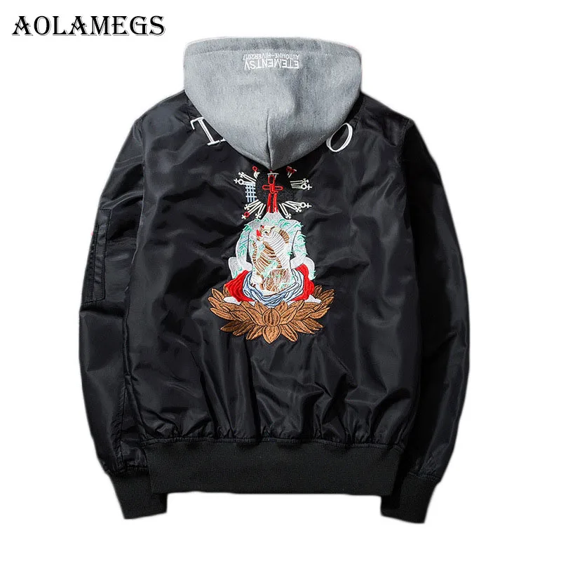 Aolamegs Men Bomber Jacket Buddha Embroidery Men's Jacket Stand Collar Hip Hop Fashion Outwear Men's Coat Hat Detachable Brand
Aolamegs Men Bomber Jacket Buddha Embroidery Men's Jacket Stand Collar Hip Hop Fashion Outwear Men's Coat Hat Detachable Brand