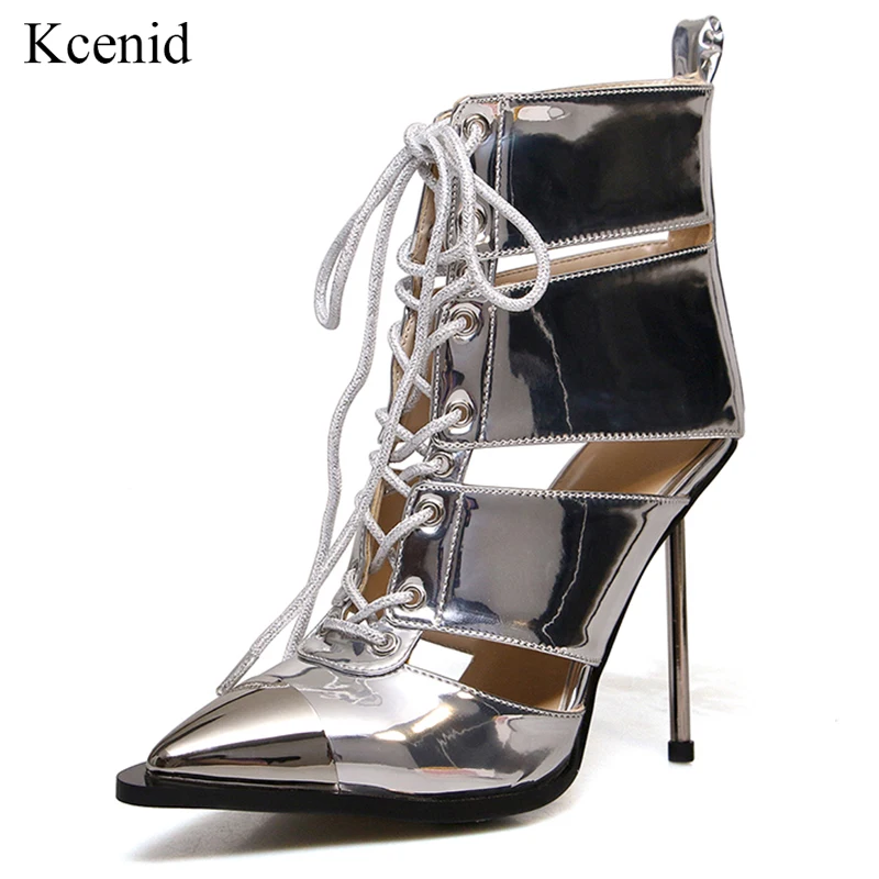 Kcenid Silver patent leather ankle boots for women metal pointed toe summer high heels boots lace up fashion party wedding shoes 
Kcenid Silver patent leather ankle boots for women metal pointed toe summer high heels boots lace up fashion party wedding shoes