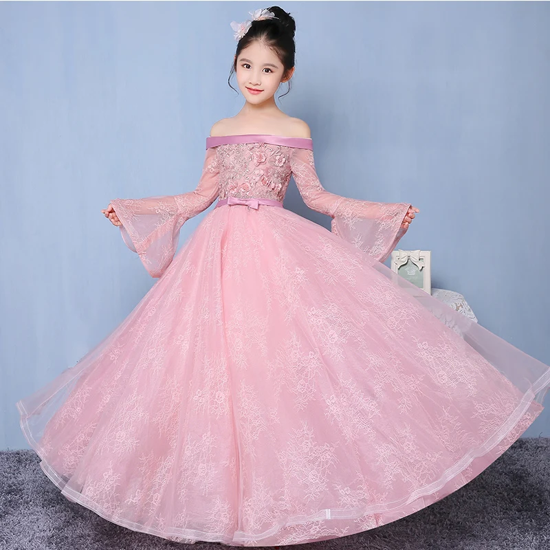 Платье принцессы с открытыми плечами для девочек розовый милый детский костюм
