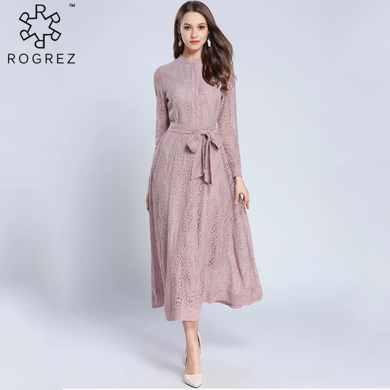 ROGREZ Pink Elegant Lace Dress For Women Vintage Party Slim Sashes Long Sleeve O Neck Mid Calf Long Dresses
ROGREZ Pink Elegant Lace Dress For Women Vintage Party Slim Sashes Long Sleeve O Neck Mid Calf Long Dresses