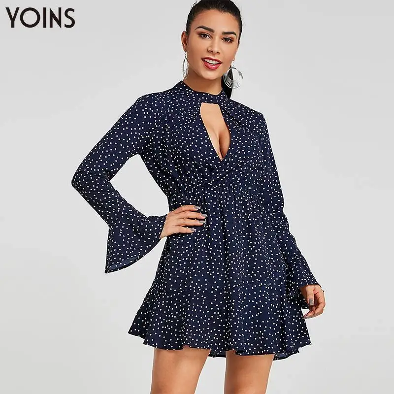 

YOINS Women Dress 2019 New Choker Neck Polka Dot Bell Long Sleeves Mini Dresses Sexy V Neck Vintage Vestidos Streetwear Sundress