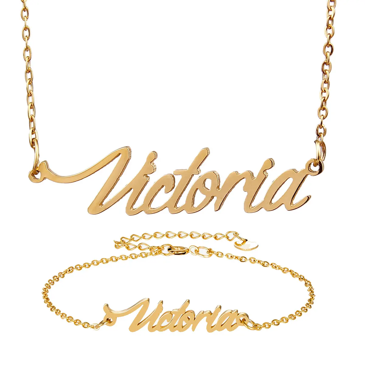 Fashion Stainless Steel Name Necklace Bracelet Set " Victoria " Script Letter Gold Choker Chain Necklace Pendant Nameplate Gift
Fashion Stainless Steel Name Necklace Bracelet Set " Victoria " Script Letter Gold Choker Chain Necklace Pendant Nameplate Gift