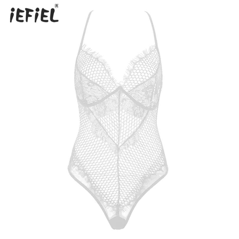 

Sexy Women One Piece Bodysuit Teddy Lingerie Clubwear Hollow Out Fishnet Sheer Catsuit Cross Back Floral Lace Body Suit Babydoll