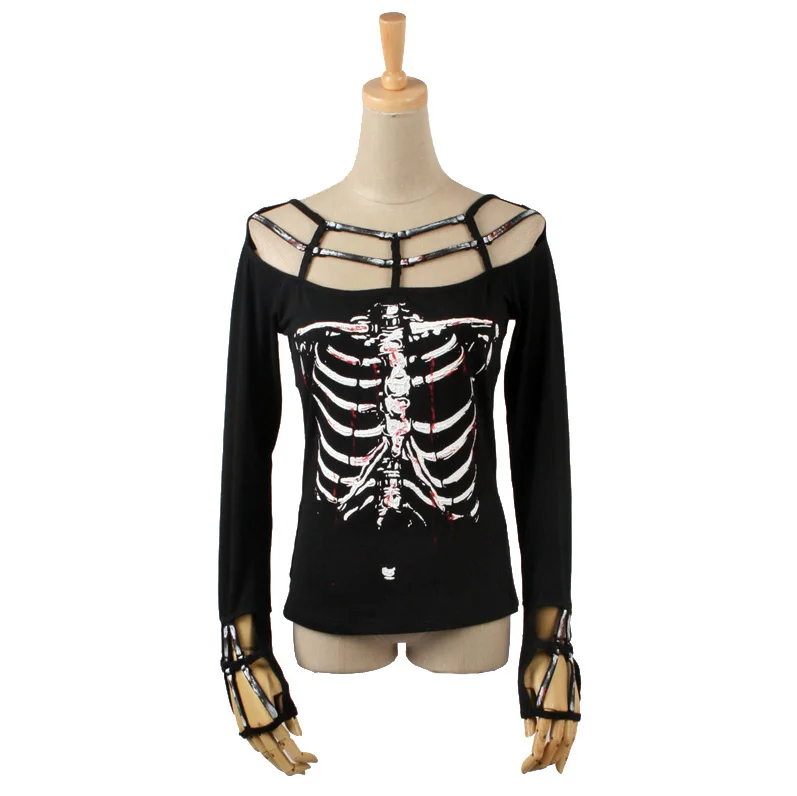 Punk Skeleton Printing Long Sleeve Women T-Shirt Steampunk Gothic Black Hollow Out Casual Tee Shirt Tops
Punk Skeleton Printing Long Sleeve Women T-Shirt Steampunk Gothic Black Hollow Out Casual Tee Shirt Tops