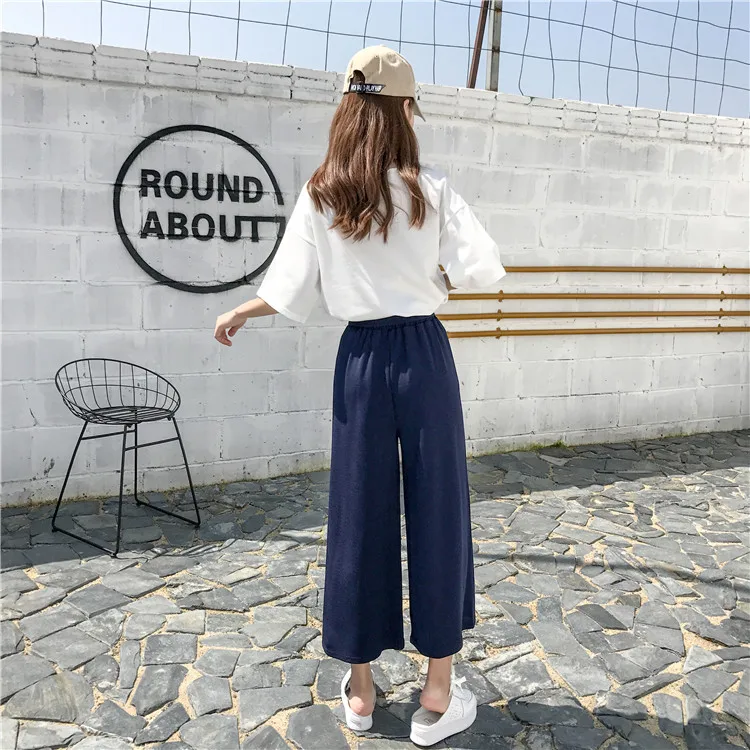 Plus Size - Casual Elastic Waist Loose Wide Leg Pants Preppy Style Trousers Female Palazzo Pants (Us 18W-20W)