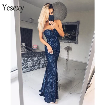 

Yesexy 2020 Sexy Bra Off Shoulder Sequin Backless Dresses Female Floor-length Elegant Party Bodycon Dress Vestdios VR9002