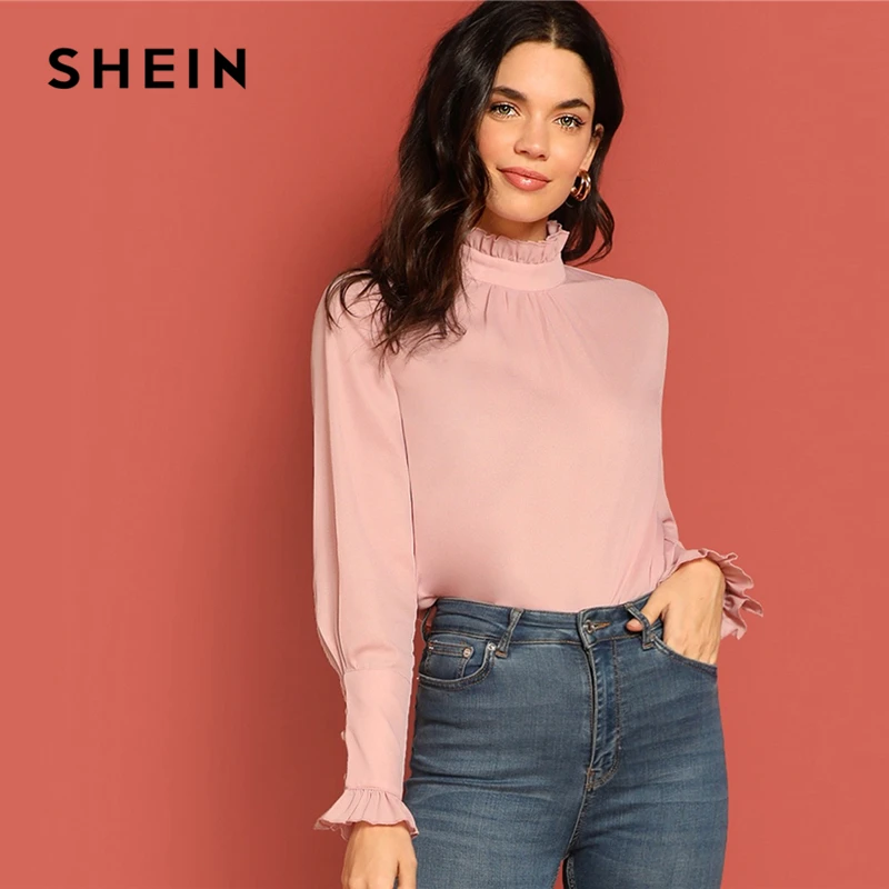 

SHEIN Pink Frill Trim Turtle Neck Ruffle Buttoned Bishop Long Sleeve Top Blouse Women Autumn Office Lady Plain Tops And Blouses