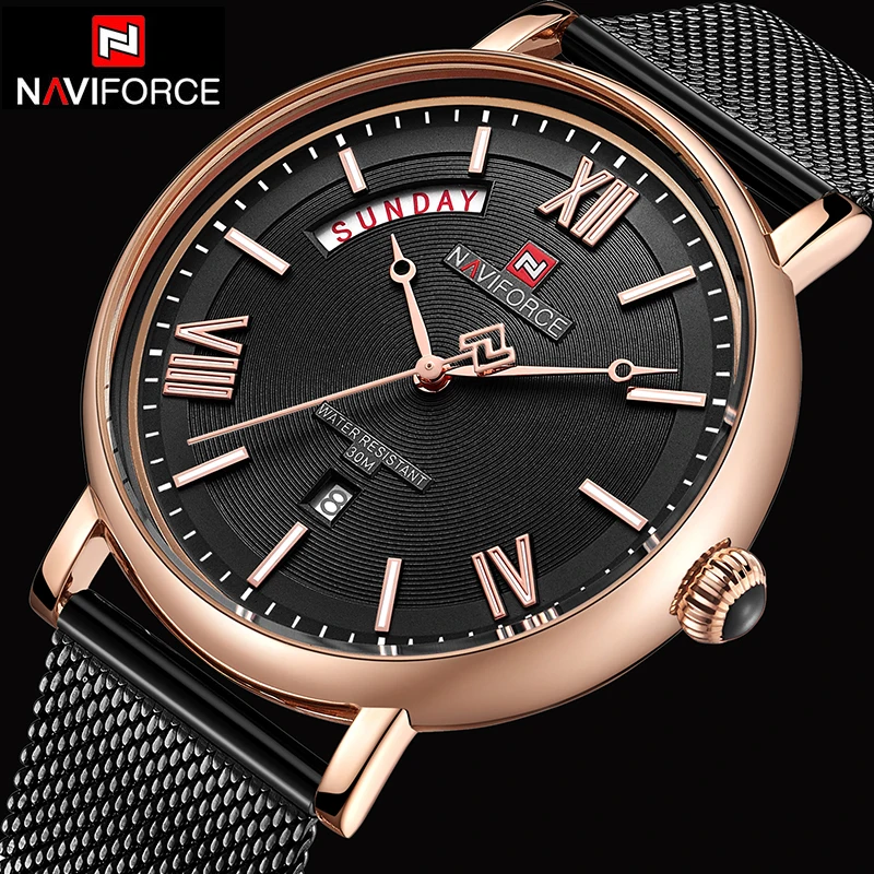 Часы NAVIFORCE мужские кварцевые водонепроницаемые повседневные из сетчатой стали