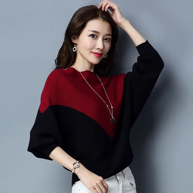 Spring Autumn New Women Round Collar Bat Sleeve Patchwork Sweaters and Pullovers Womens Loose Knitted Sweater Coat Female
Spring Autumn New Women Round Collar Bat Sleeve Patchwork Sweaters and Pullovers Womens Loose Knitted Sweater Coat Female