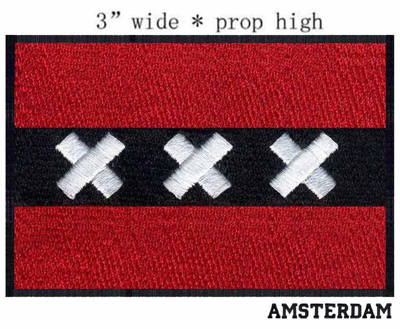 Amsterdam, Netherlands Flag 3" wide embroidery patch for arch/red stripes/white cross
Amsterdam, Netherlands Flag 3" wide embroidery patch for arch/red stripes/white cross