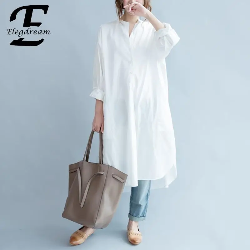 Женская офисная блузка Elegdream однотонная белая с длинным рукавом повседневная