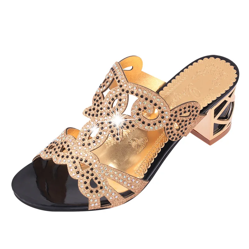 Rhinestones Sandals High Heels Peep Toe Summer Women Shoes Slip-On Chunky Heels Elegant Lady Gold Sandals Slippers
Rhinestones Sandals High Heels Peep Toe Summer Women Shoes Slip-On Chunky Heels Elegant Lady Gold Sandals Slippers