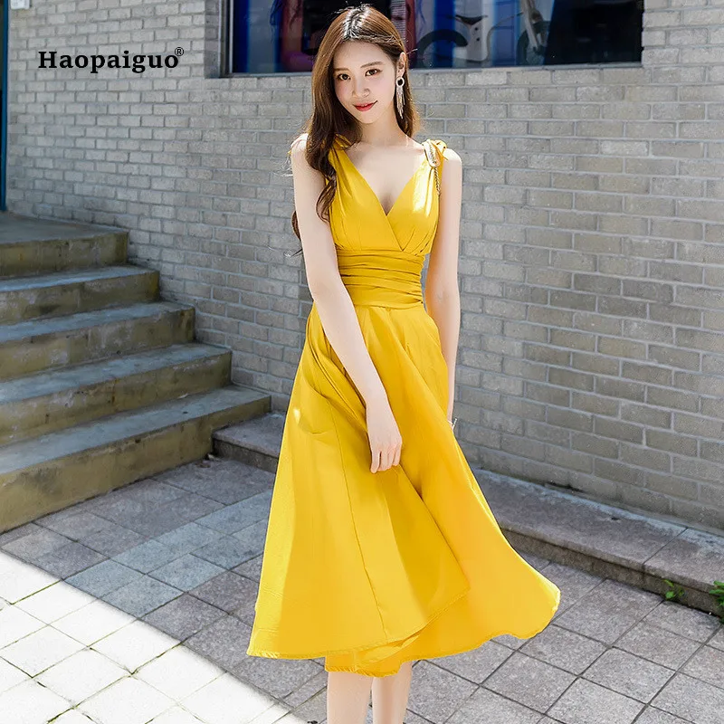 Solid A-line Dress Summer Black Yellow Sleeveless V-neck Spaghetti Strap Elegant Club Ladies Dress Vintage Party Korean Dresses
Solid A-line Dress Summer Black Yellow Sleeveless V-neck Spaghetti Strap Elegant Club Ladies Dress Vintage Party Korean Dresses