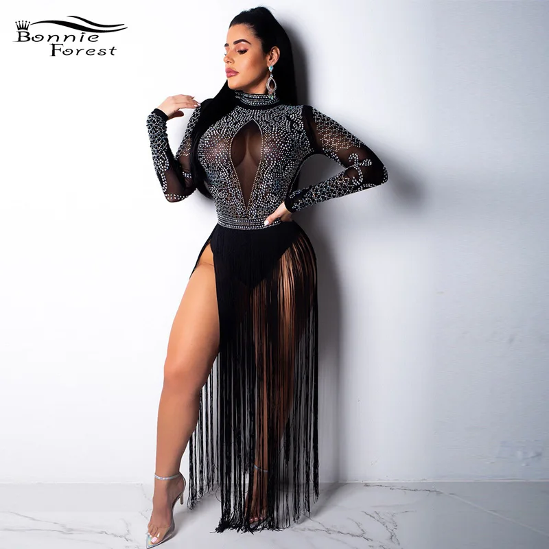 Bonnie Forest Sexy See Through Long Sleeve Crystal Embellished Fringed Bodysiuts Rompers Fashion Rhinestone Details Long Robes
Bonnie Forest Sexy See Through Long Sleeve Crystal Embellished Fringed Bodysiuts Rompers Fashion Rhinestone Details Long Robes