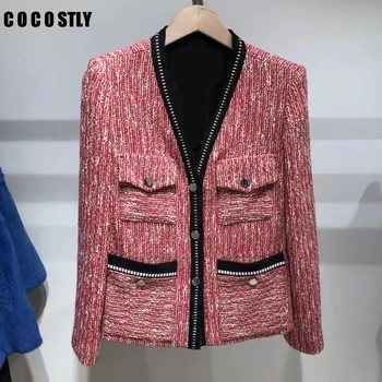 2019 spring tweed jacket women V neck long sleeve single breasted office lady slim career red knitted coats and jackets women
2019 spring tweed jacket women V neck long sleeve single breasted office lady slim career red knitted coats and jackets women